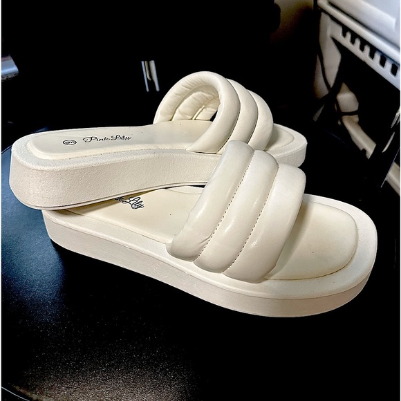 Pink Lily Shoes - Never worn! White puff platform slides